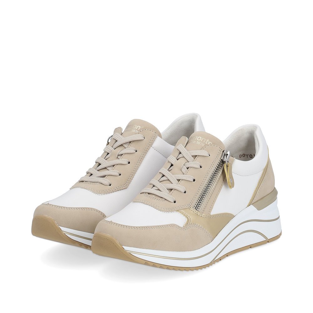 Beige vegan remonte women´s sneakers D0T01-80 with zipper and extra width H. Shoes laterally.