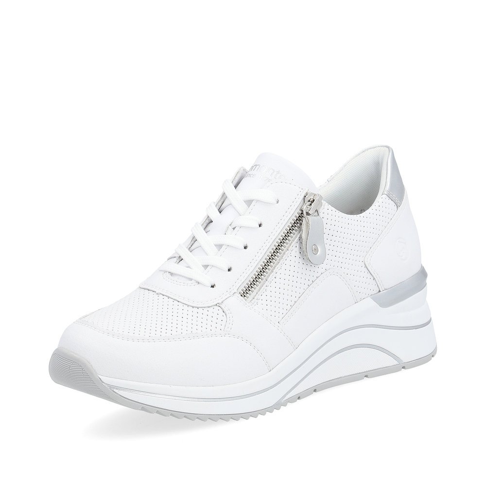 White remonte women´s sneakers D0T06-80 with zipper and extra width H. Shoe laterally.