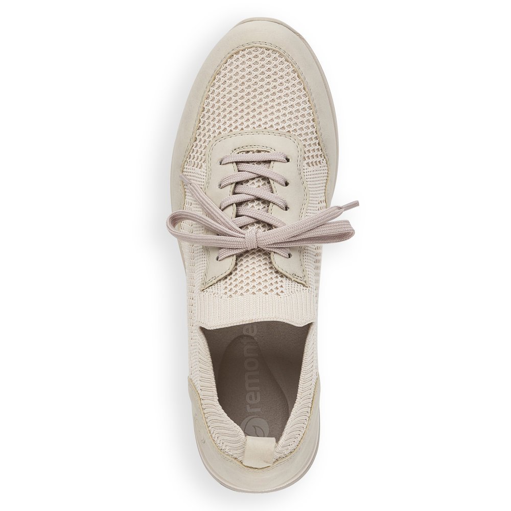 Cream beige remonte women´s sneakers D2406-60 with an elastic insert and mesh look. Shoe from the top.