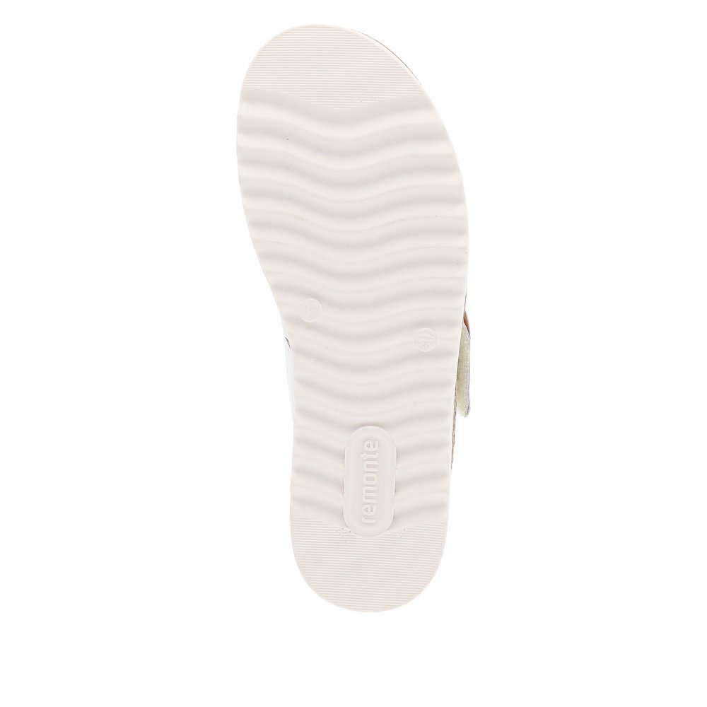 White remonte women´s mules D0Q51-82 with hook and loop fastener. Outsole of the shoe.