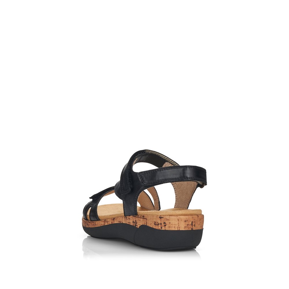 Black remonte women´s strap sandals R6850-01 with hook and loop fastener. Shoe from the back.