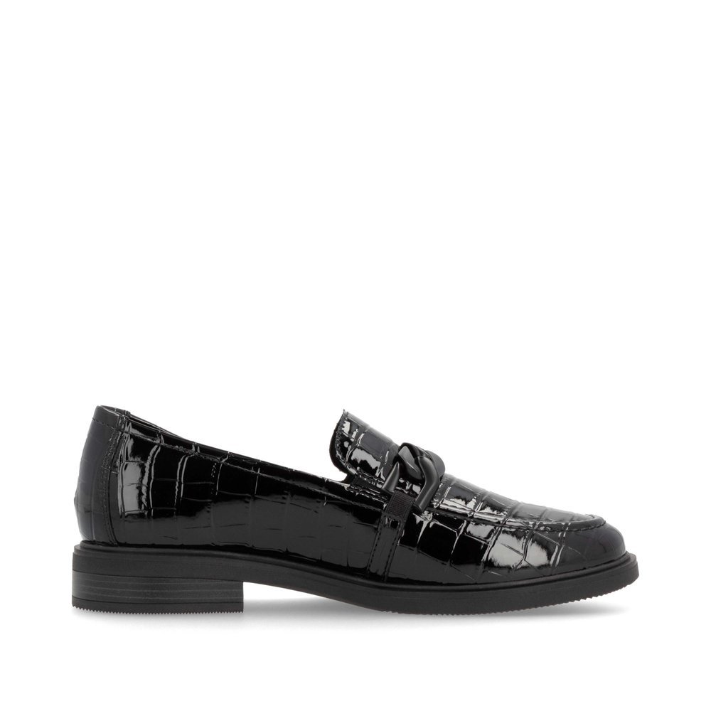 Black remonte women´s loafers D1U00-00 with a chain element as well as elastic band. Shoe inside.