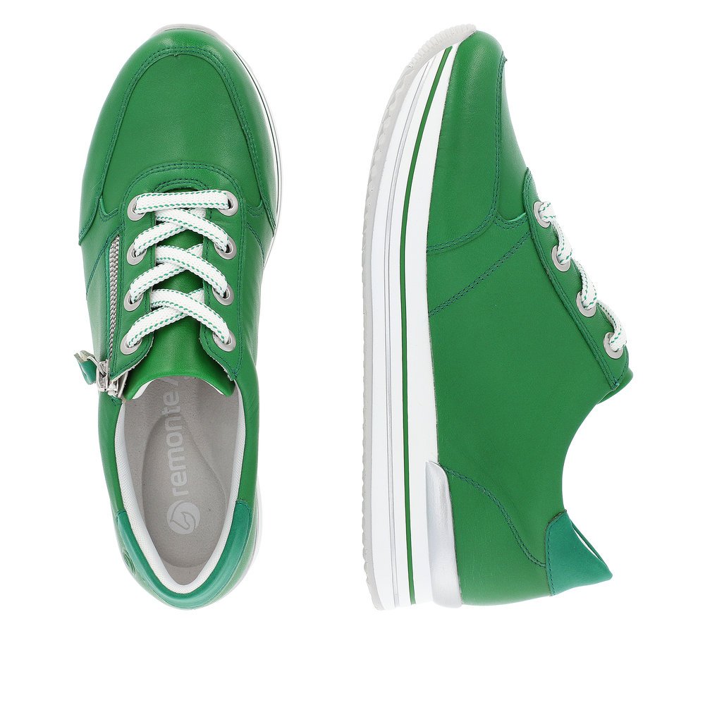Emerald green remonte women´s sneakers D1302-52 with zipper and comfort width G. Shoe from the top, lying.