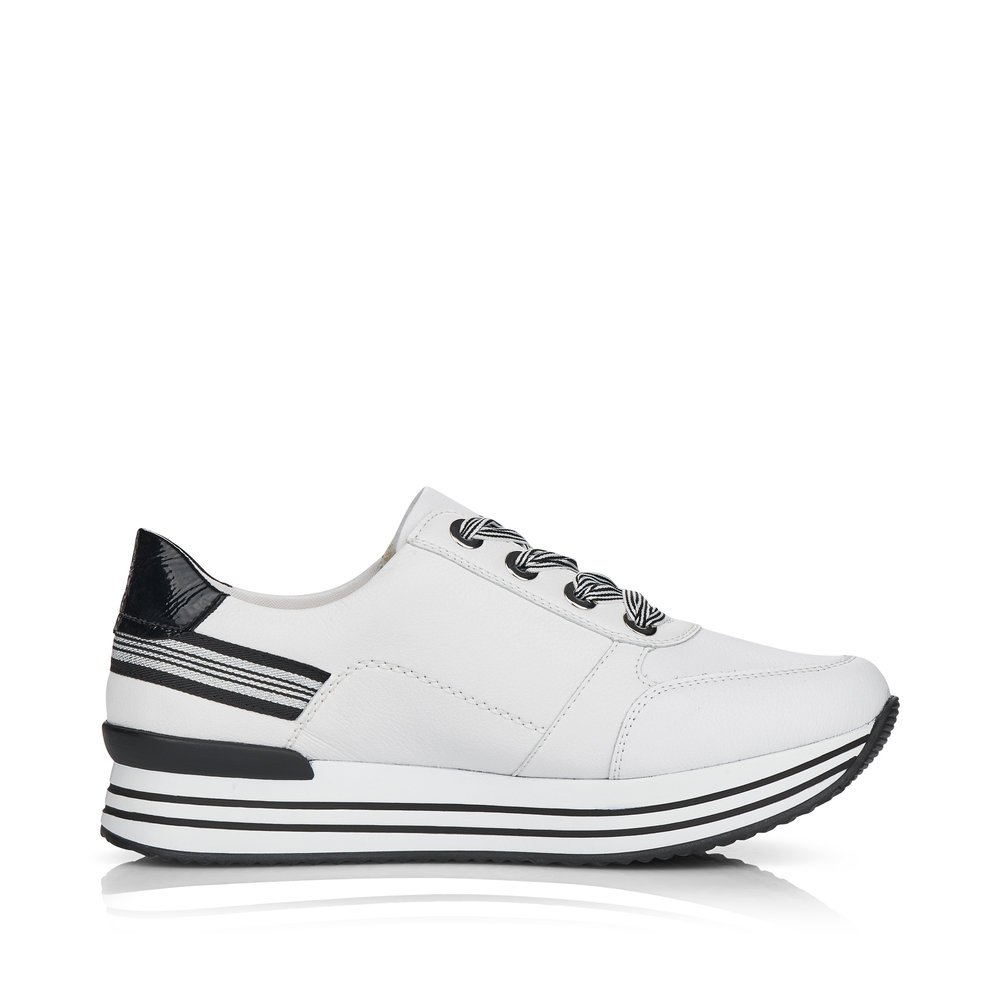 Classy white remonte women´s sneakers D1312-80 with zipper and stripe pattern. Shoe inside.