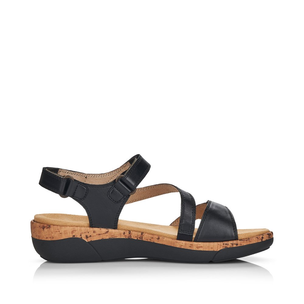 Black remonte women´s strap sandals R6850-01 with hook and loop fastener. Shoe inside.