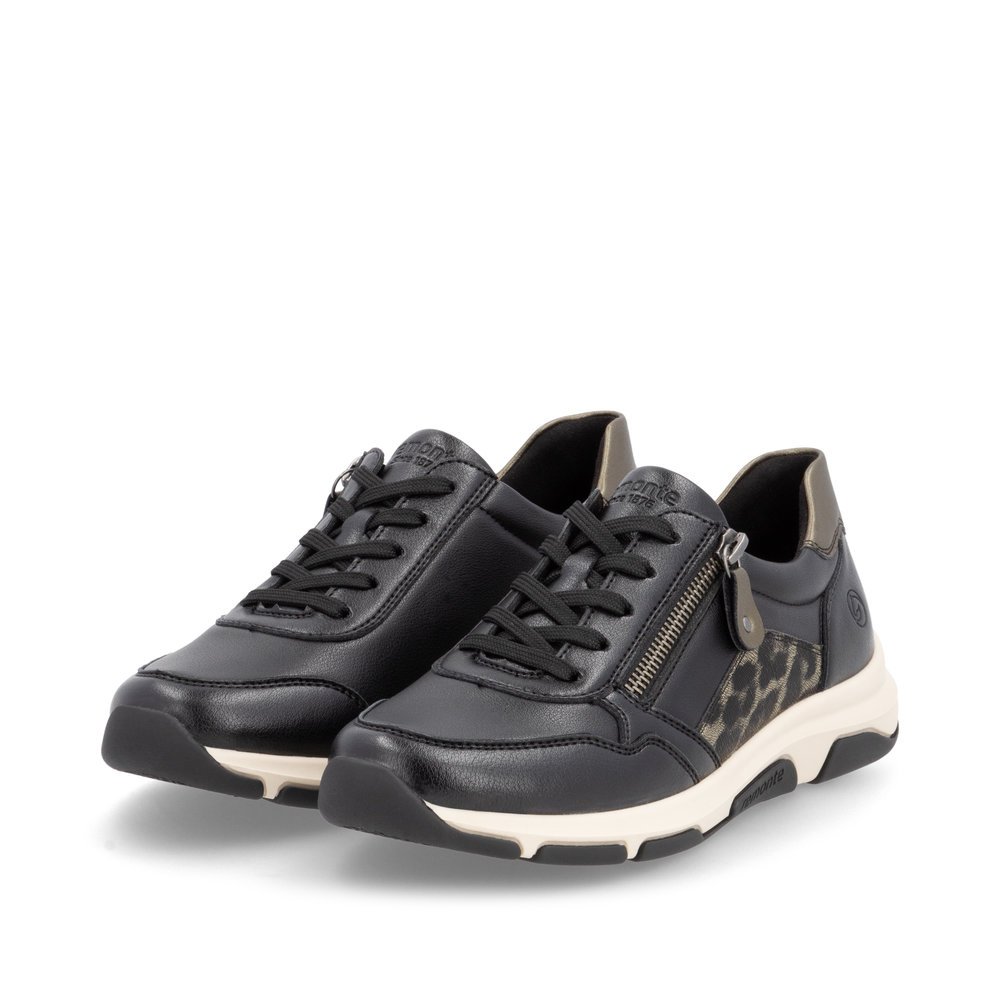 Black vegan remonte women´s sneakers D1S01-03 with animal print as well as a zipper. Shoes laterally.