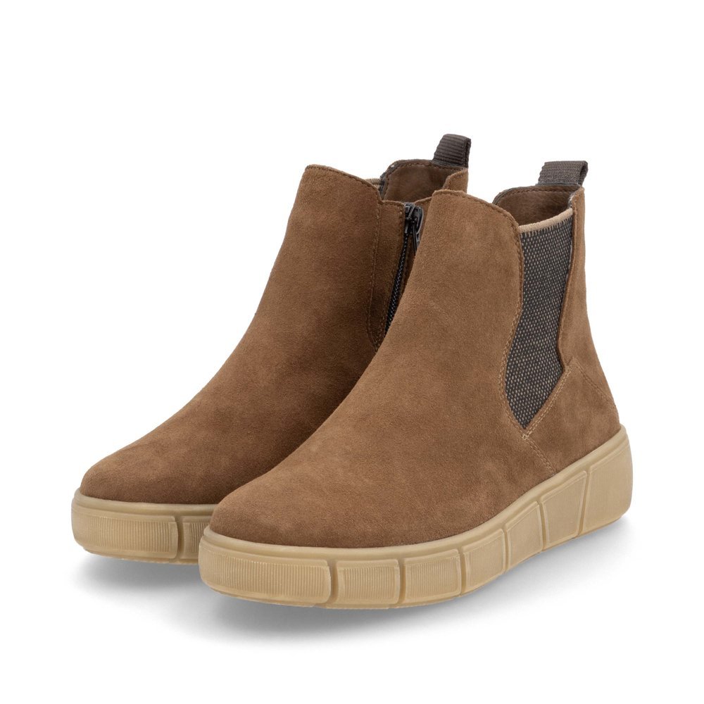 Bottes Chelseas remonte marron pour femme D1T71-24 avec fermeture éclair. Chaussures inclinées sur le côté.