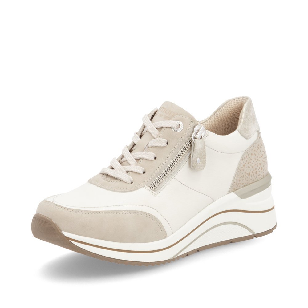 Beige remonte women´s sneakers D0T00-60 with a zipper as well as extra width H. Shoe laterally.