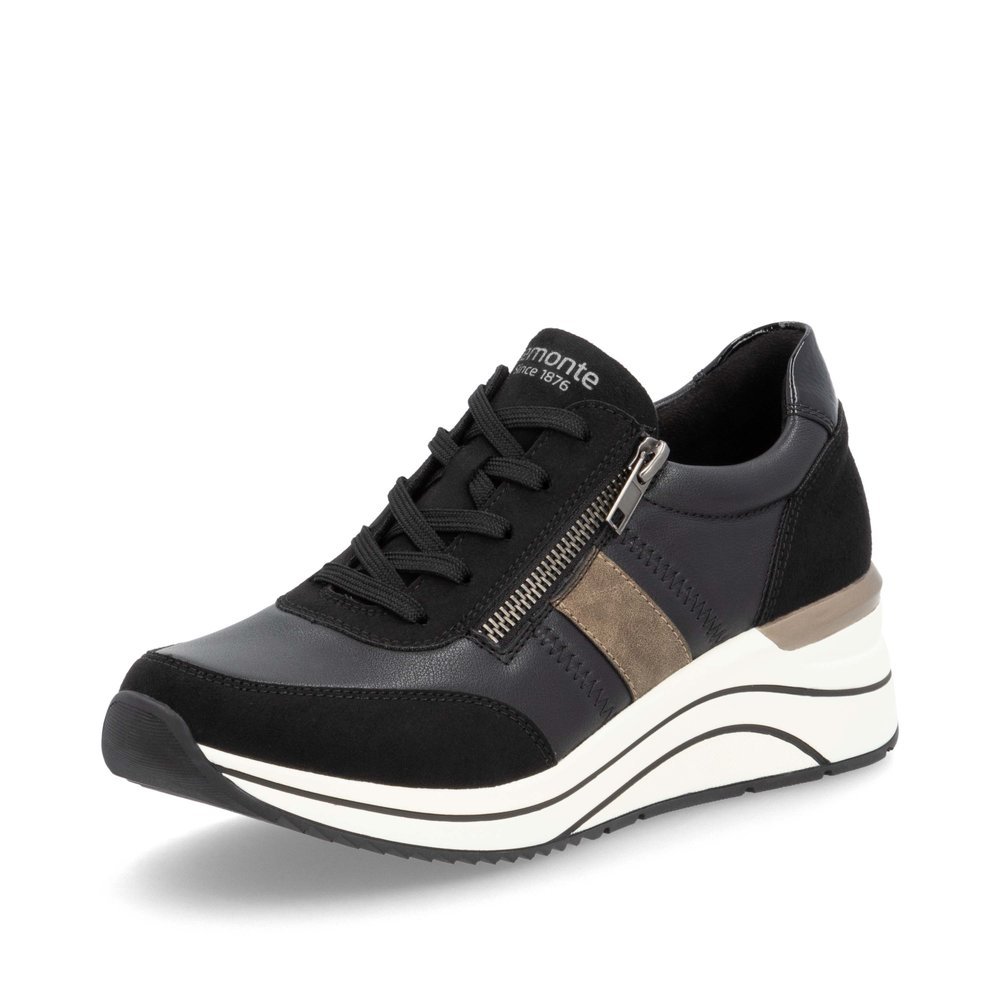 Black vegan remonte women´s sneakers D0T09-03 with zipper as well as extra width H. Shoe laterally.