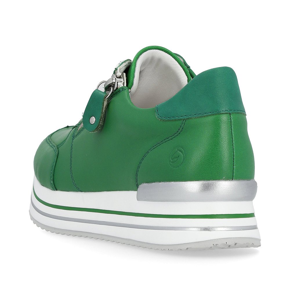 Emerald green remonte women´s sneakers D1302-52 with zipper and comfort width G. Shoe from the back.