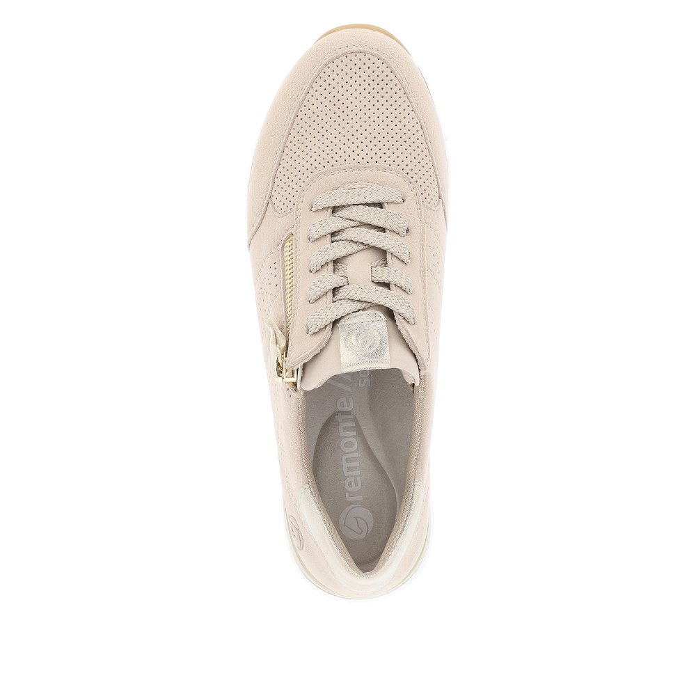 Clay beige remonte women´s sneakers R6705-60 with zipper and comfort width G. Shoe from the top.