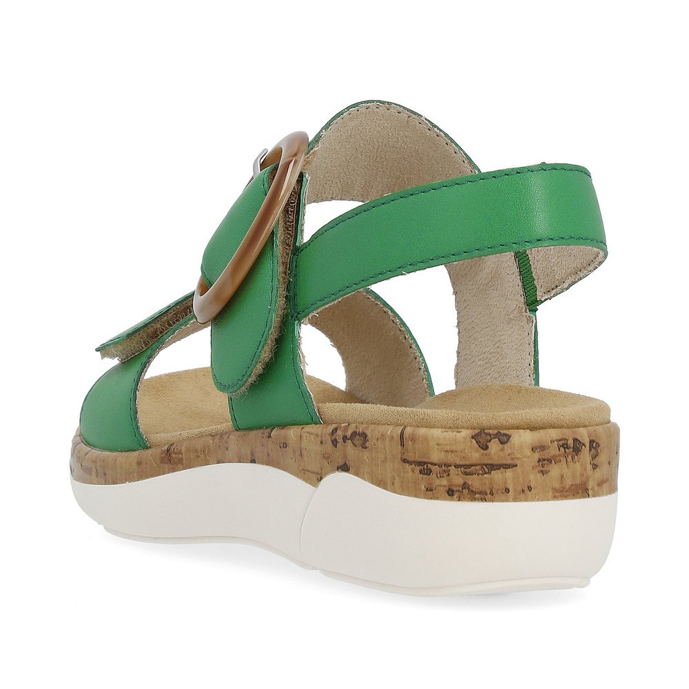 Emerald green remonte women´s strap sandals R6853-53 with a hook and loop fastener. Shoe from the back.