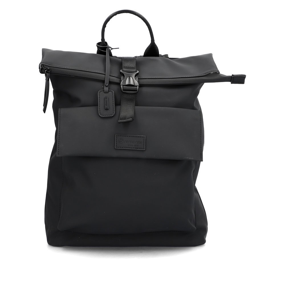 remonte backpack Q0528-00 in black with zipper, breathable back padding and 12'' laptop pocket. Front.