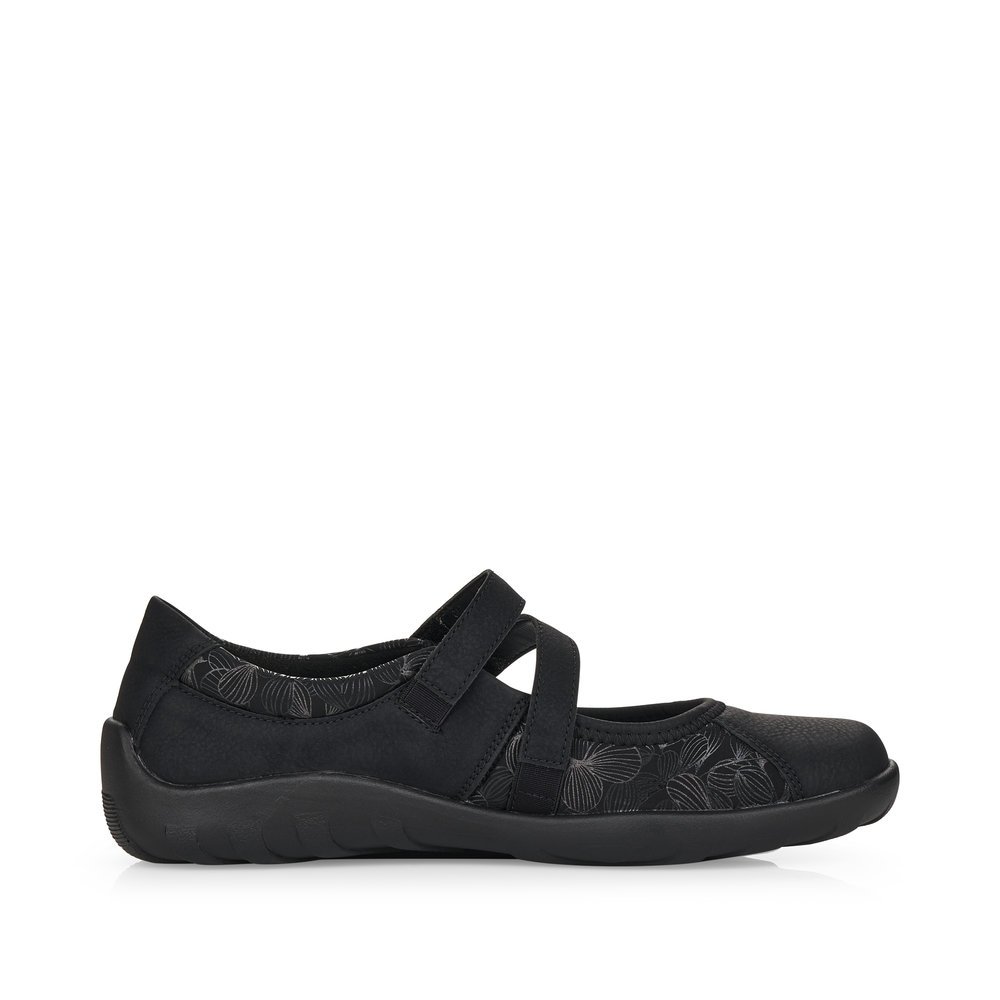 Jet black remonte women´s ballerinas R3510-03 with a hook and loop fastener. Shoe inside.