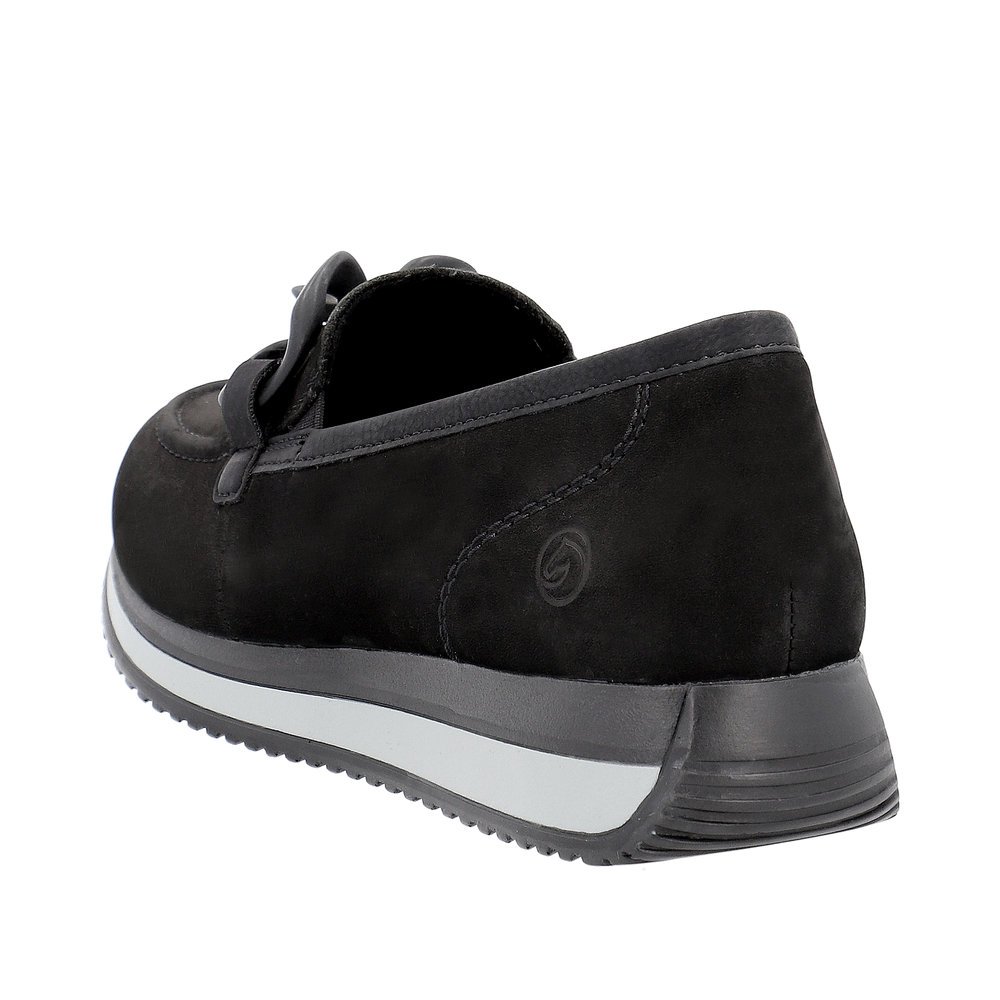 Night black remonte women´s loafers D0H10-01 with a chunky chain element. Shoe from the back.