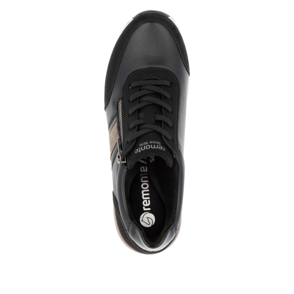 Black vegan remonte women´s sneakers D0T09-03 with zipper as well as extra width H. Shoe from the top.