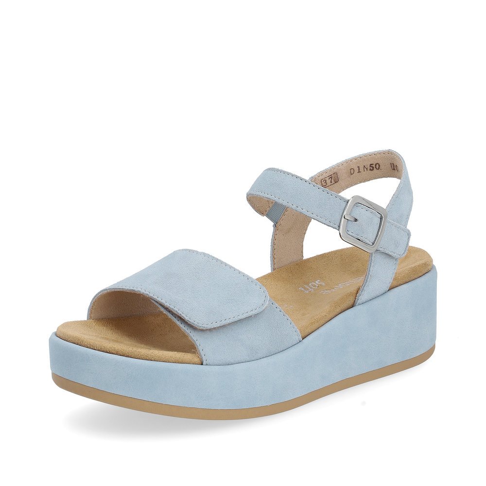 Ice blue remonte women´s strap sandals D1N50-10 with hook and loop fastener. Shoe laterally.