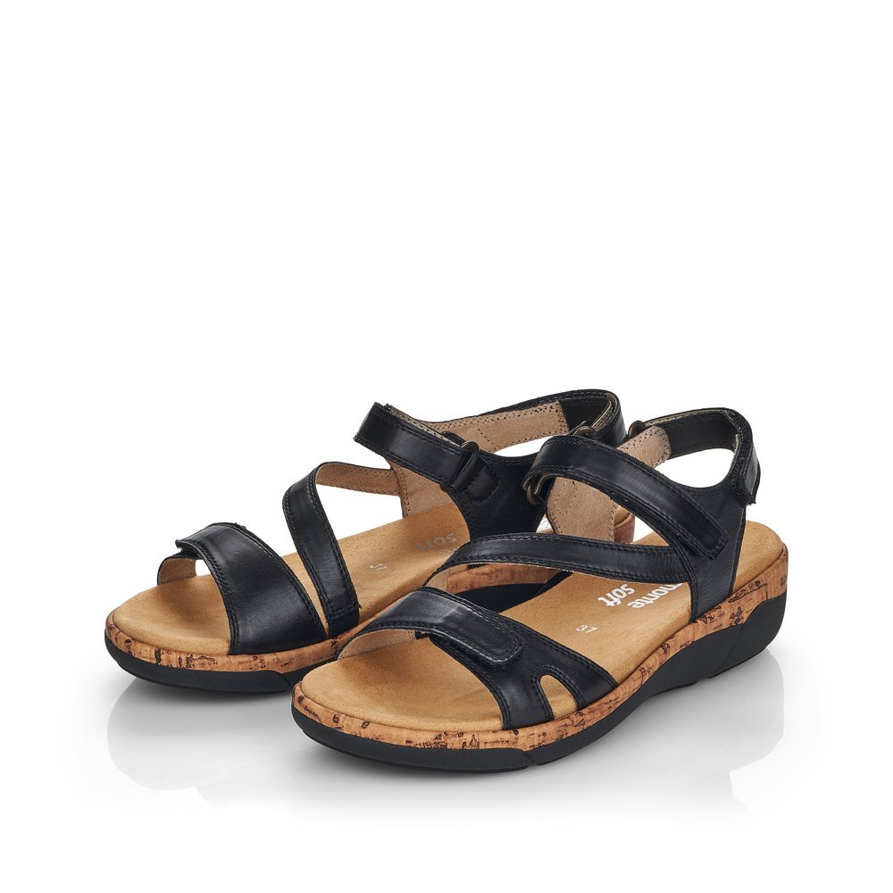 Black remonte women´s strap sandals R6850-01 with hook and loop fastener. Shoes laterally.