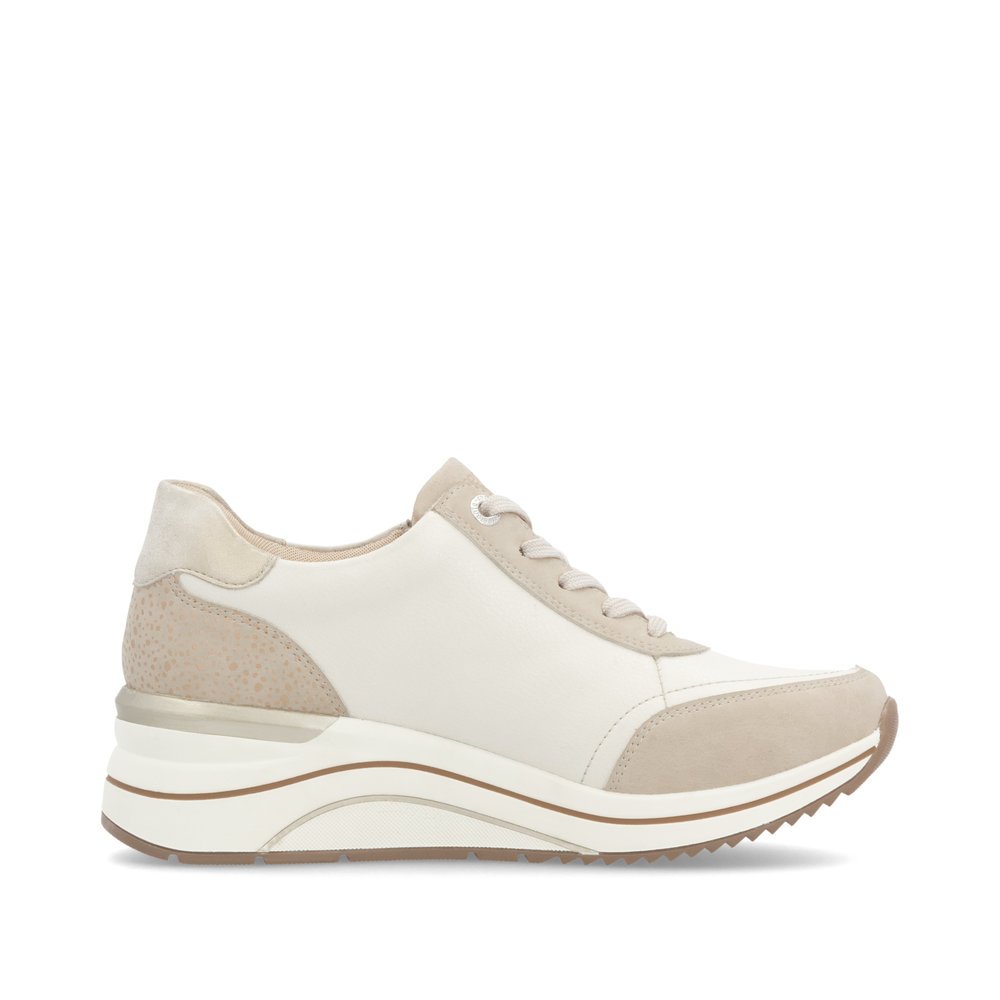 Beige remonte women´s sneakers D0T00-60 with a zipper as well as extra width H. Shoe inside.