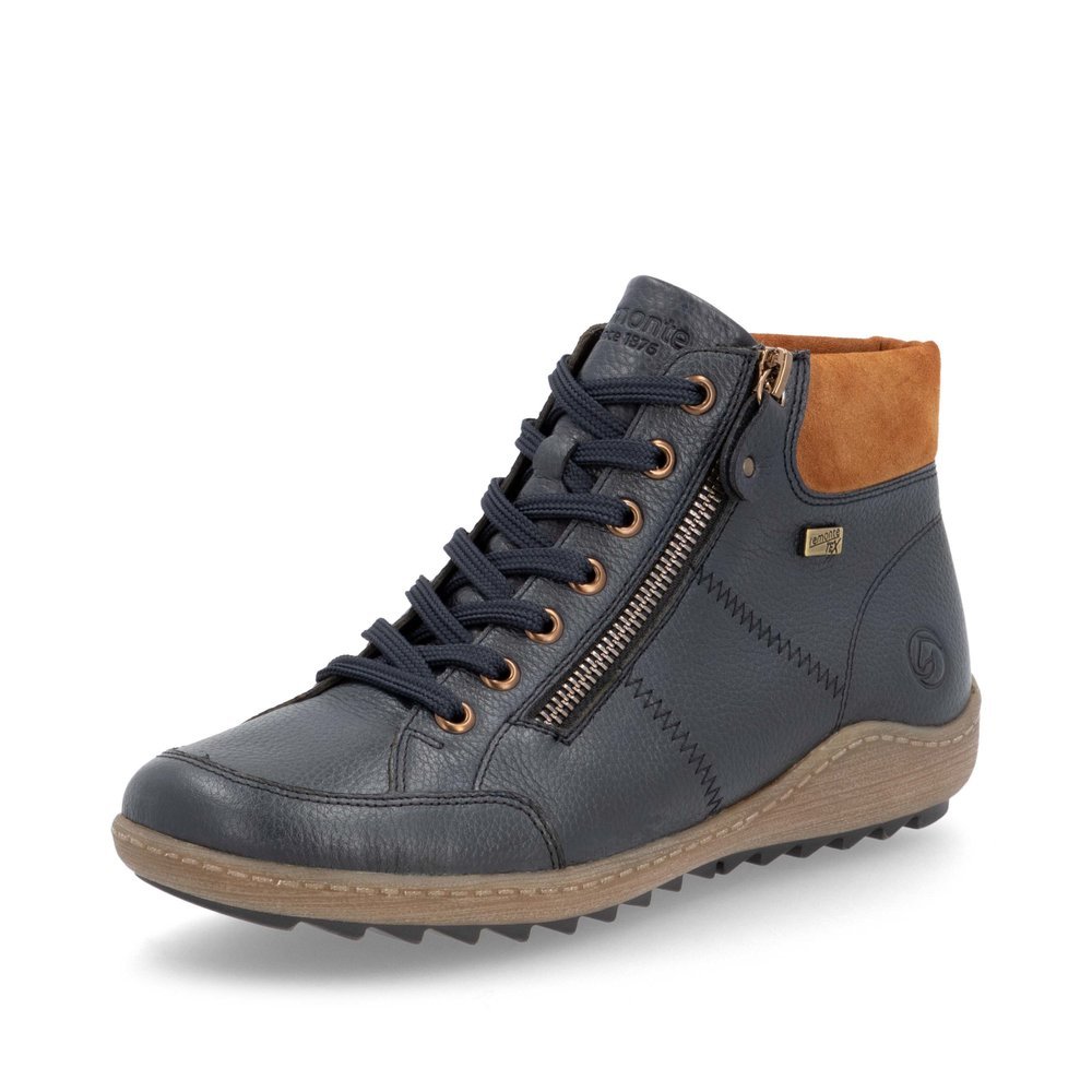 Chaussures à lacets remonte bleues pour femme R1457-14. Chaussure inclinée sur le côté.