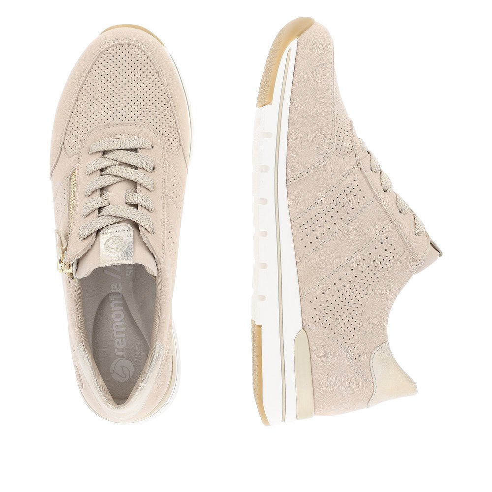 Clay beige remonte women´s sneakers R6705-60 with zipper and comfort width G. Shoe from the top, lying.