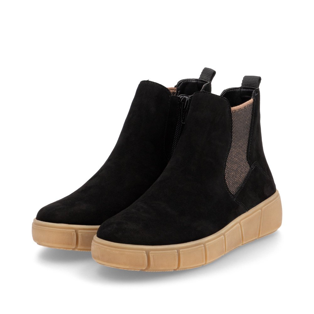 Black remonte women´s Chelsea boots D1T71-00 with zipper as well as comfort width G. Shoes laterally.