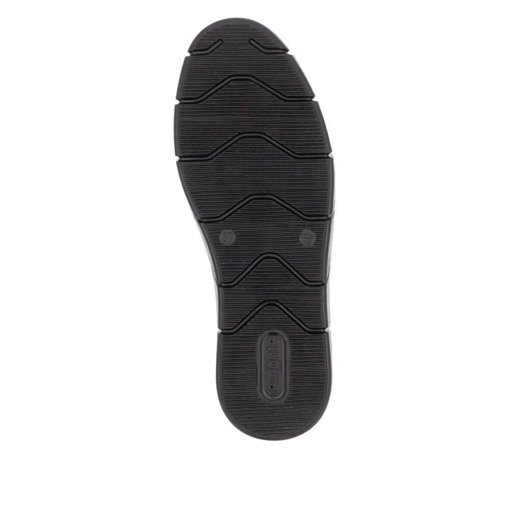 Black remonte women´s sneakers D1T00-03 with a remonte pendant as well as a zipper. Outsole of the shoe.