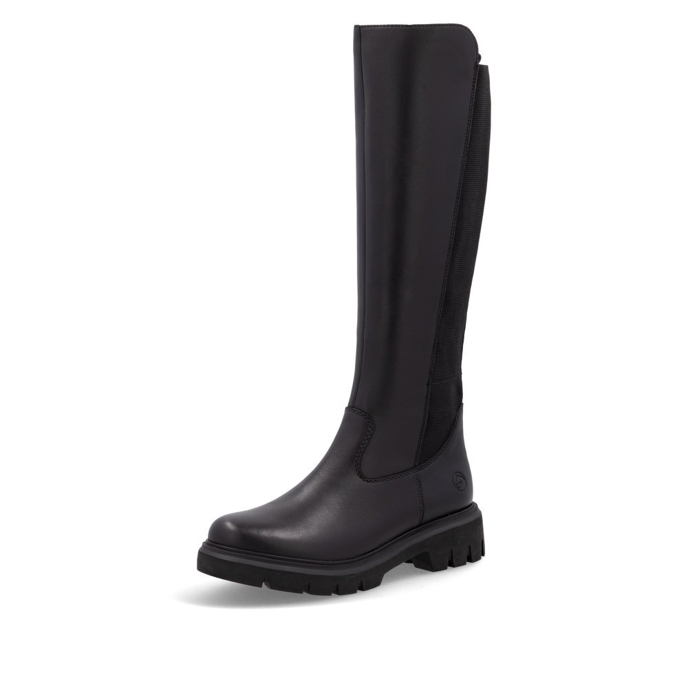 Bottes à tige haute remonte noires femme D1W77-00 avec fermeture éclair. Chaussure inclinée sur le côté.