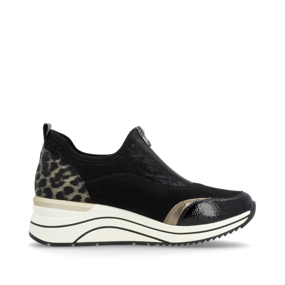 Black vegan remonte women´s sneakers D0T08-02 with animal print as well as a zipper. Shoe inside.