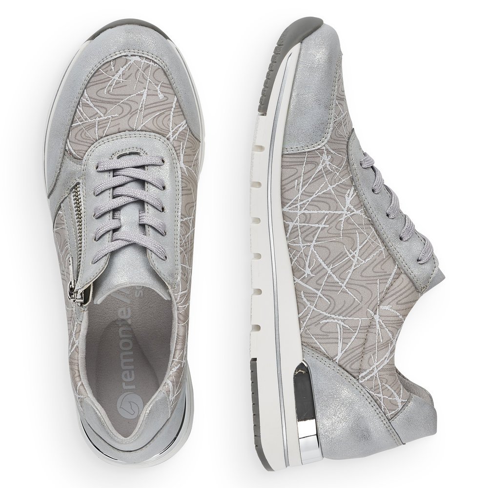 Grey remonte women´s sneakers R6700-40 with zipper and abstract pattern. Shoe from the top, lying.