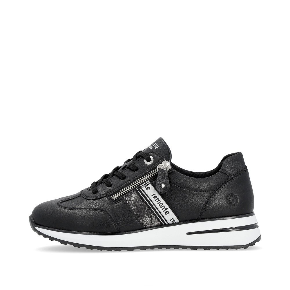 Black remonte women´s sneakers D1G02-02 with zipper and a soft exchangeable footbed. Outside of the shoe.