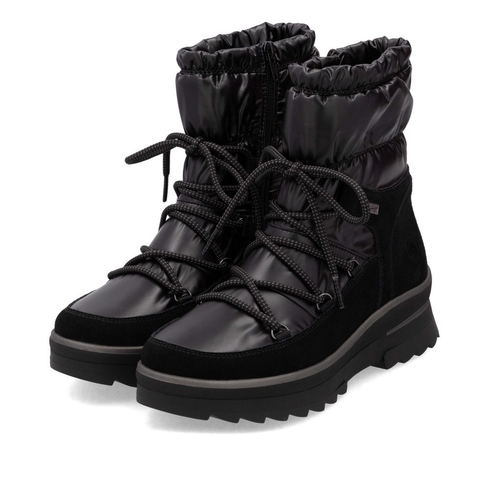 Asphalt black remonte women´s ankle boots D2B70-02 with a grippy Glass-Fibre sole. Shoes laterally.