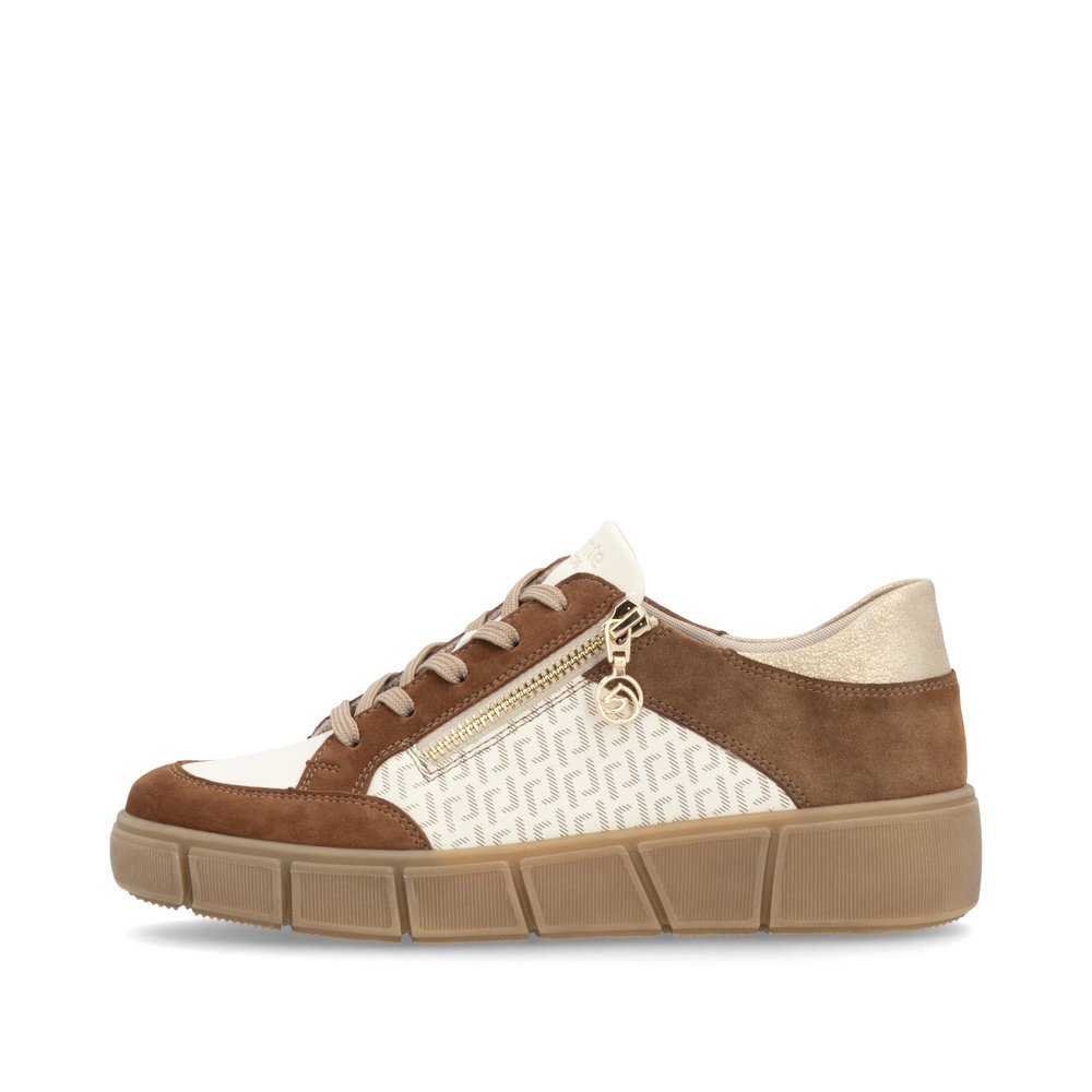 Beige remonte women´s sneakers D1T00-60 with a remonte pendant as well as a zipper. Outside of the shoe.