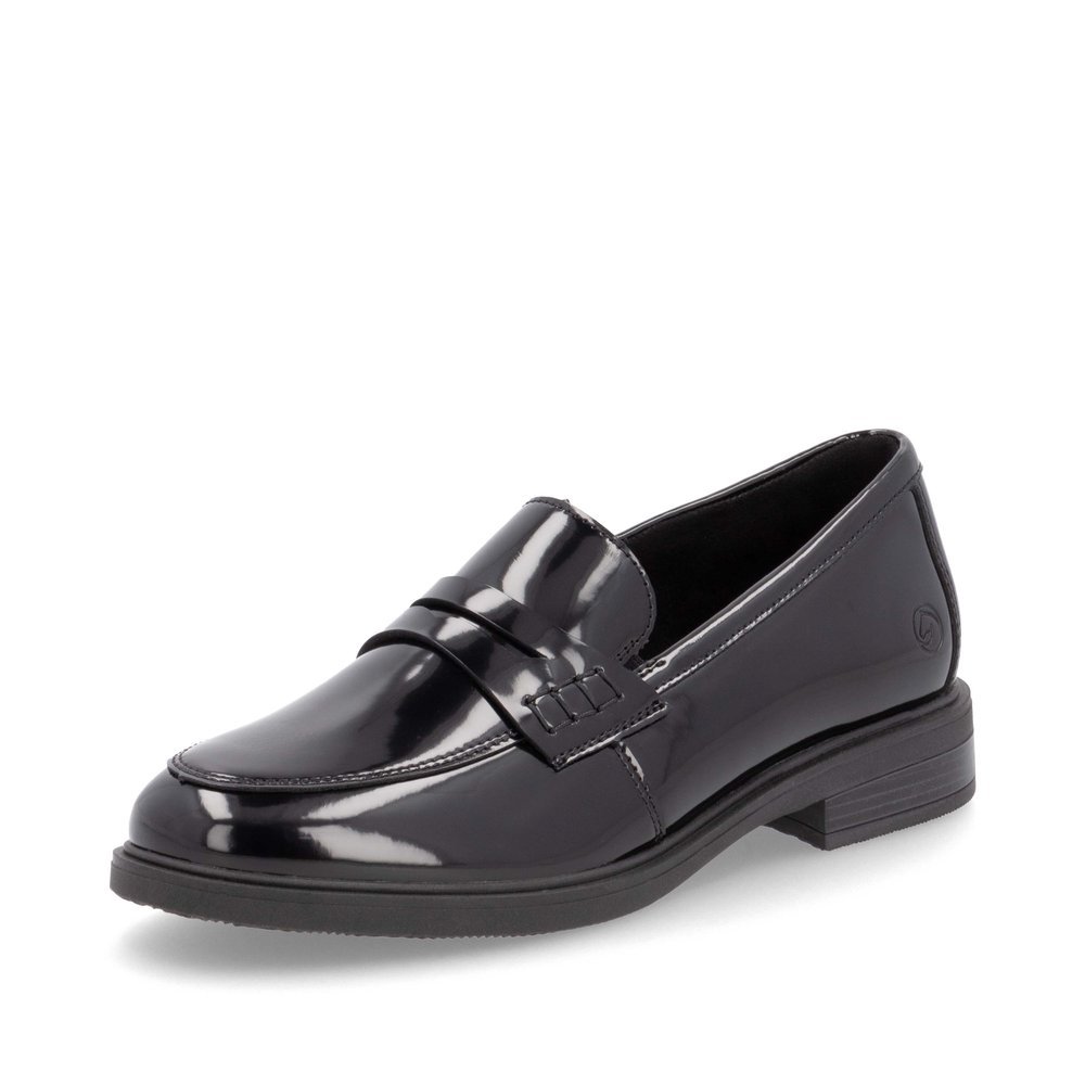 Glanzschwarze remonte Damen Loafer D1U01-00 mit Gummizug. Schuh seitlich schräg.