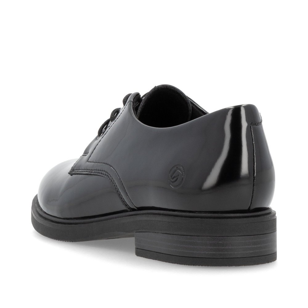 Glossy black remonte women´s lace-up shoes D1U02-00 with a removable insole. Shoe from the back.