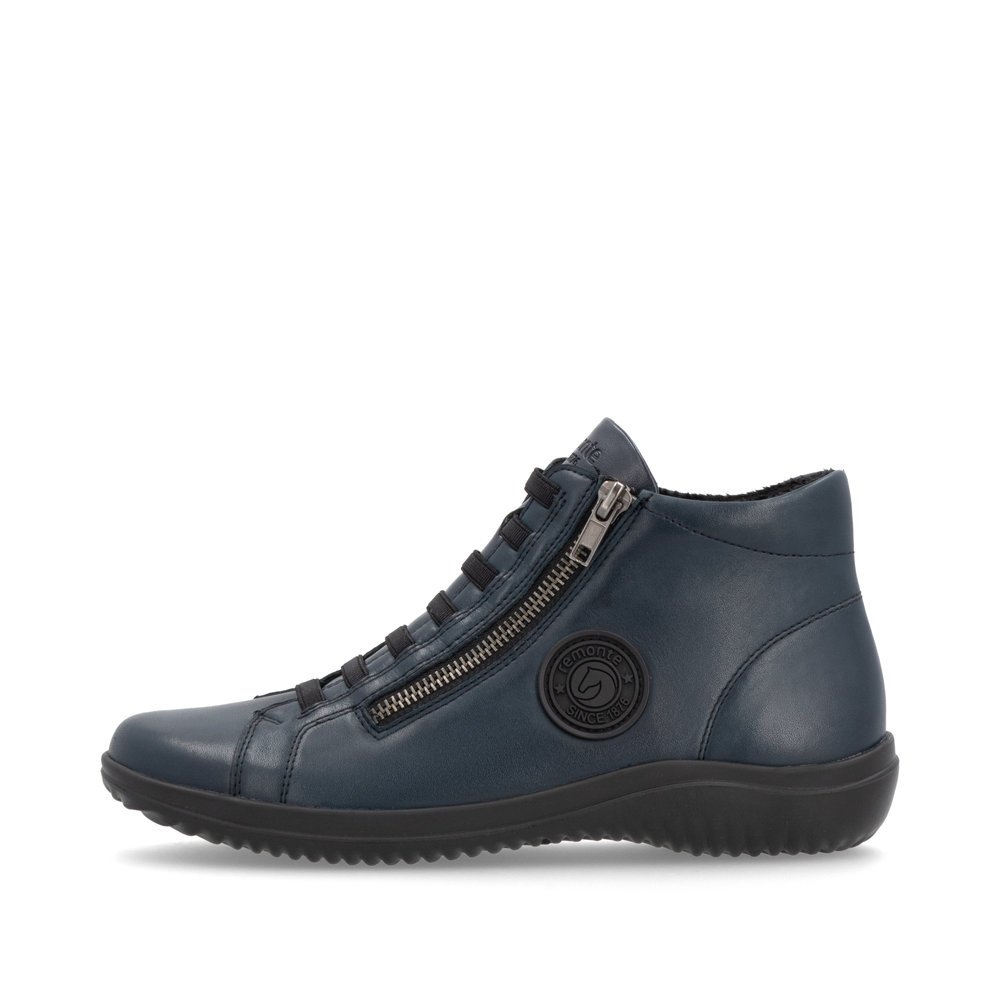 Blue remonte women´s lace-up shoes D1E70-14 with a black logo as well as a zipper. Outside of the shoe.