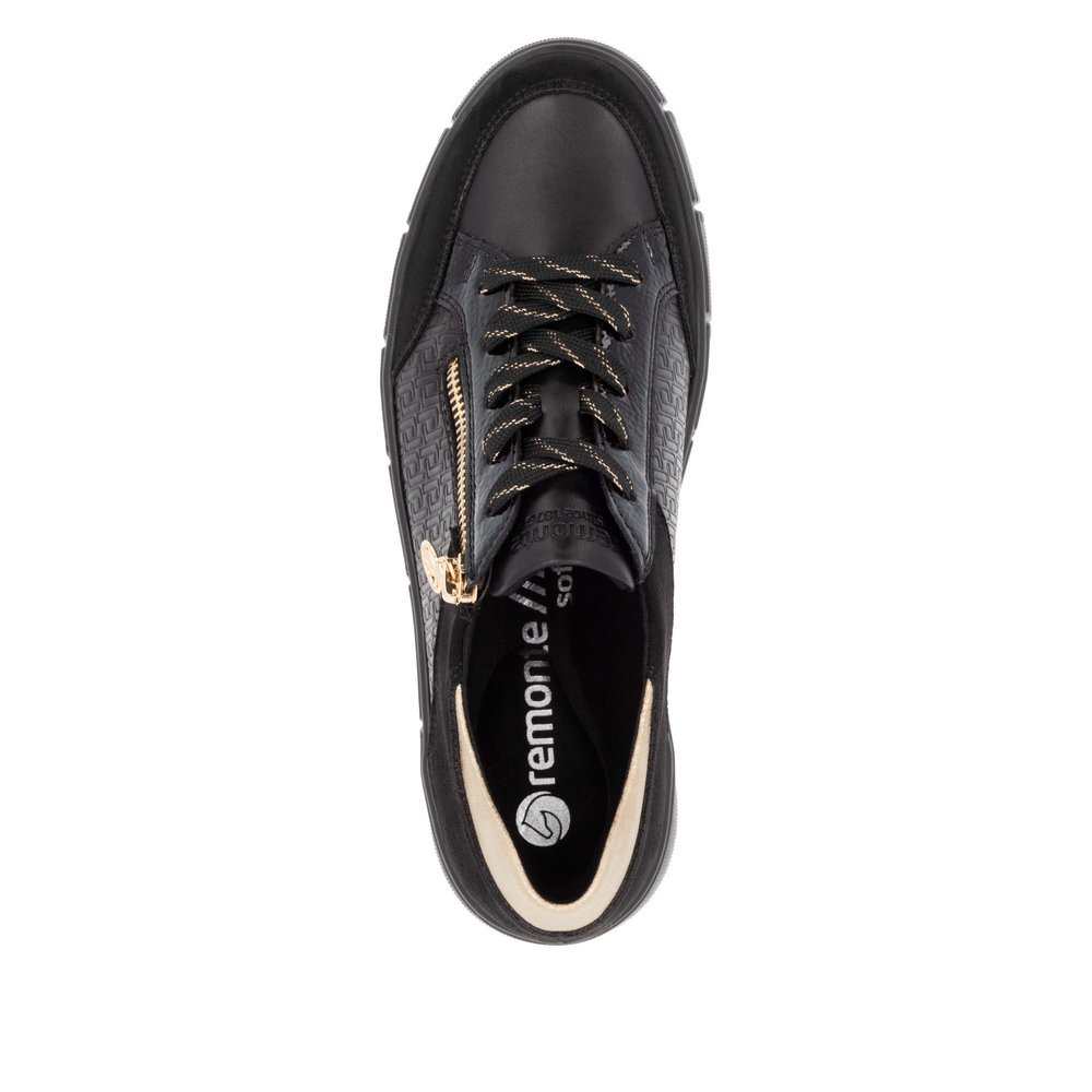 Black remonte women´s sneakers D1T00-03 with a remonte pendant as well as a zipper. Shoe from the top.