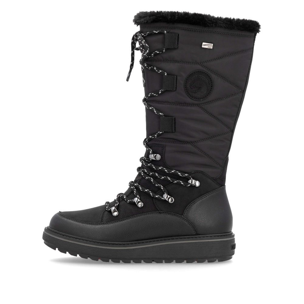 Night black remonte women´s high boots D0U77-00 with a Flip-Grip sole with spikes. Outside of the shoe.