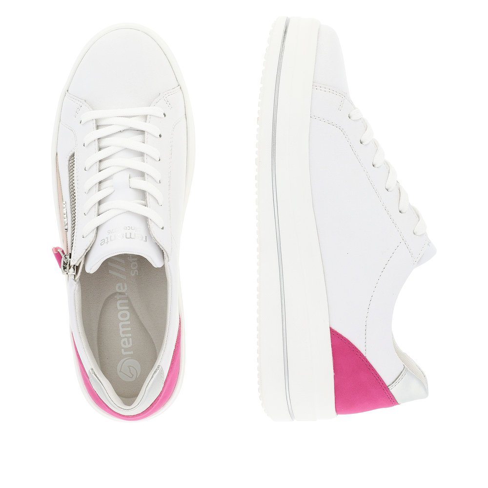 White remonte women´s sneakers D1C01-80 with zipper and comfort width G. Shoe from the top, lying.