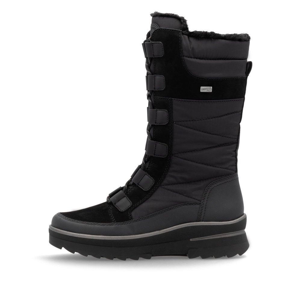 Asphalt black remonte women´s high boots D2B71-02 with a grippy Glass-Fibre sole. Outside of the shoe.