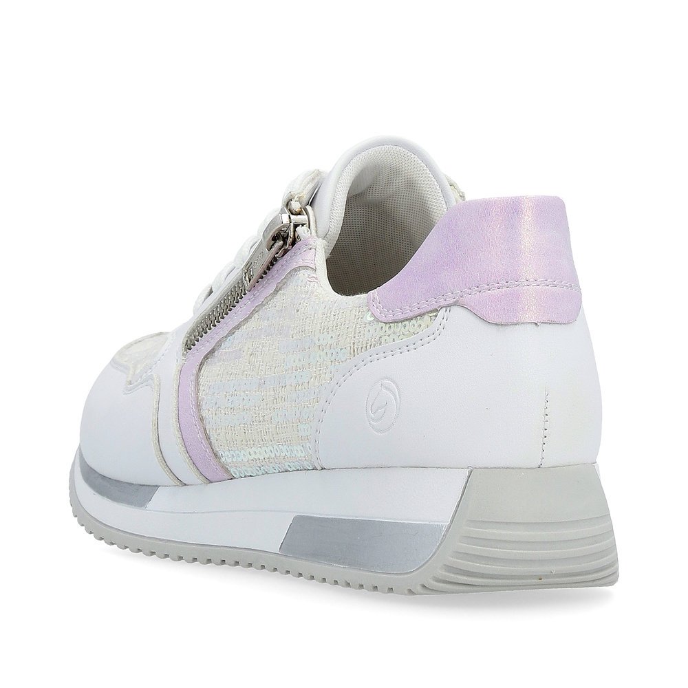 Pure white vegan remonte women´s sneakers D0H12-80 with a zipper. Shoe from the back.