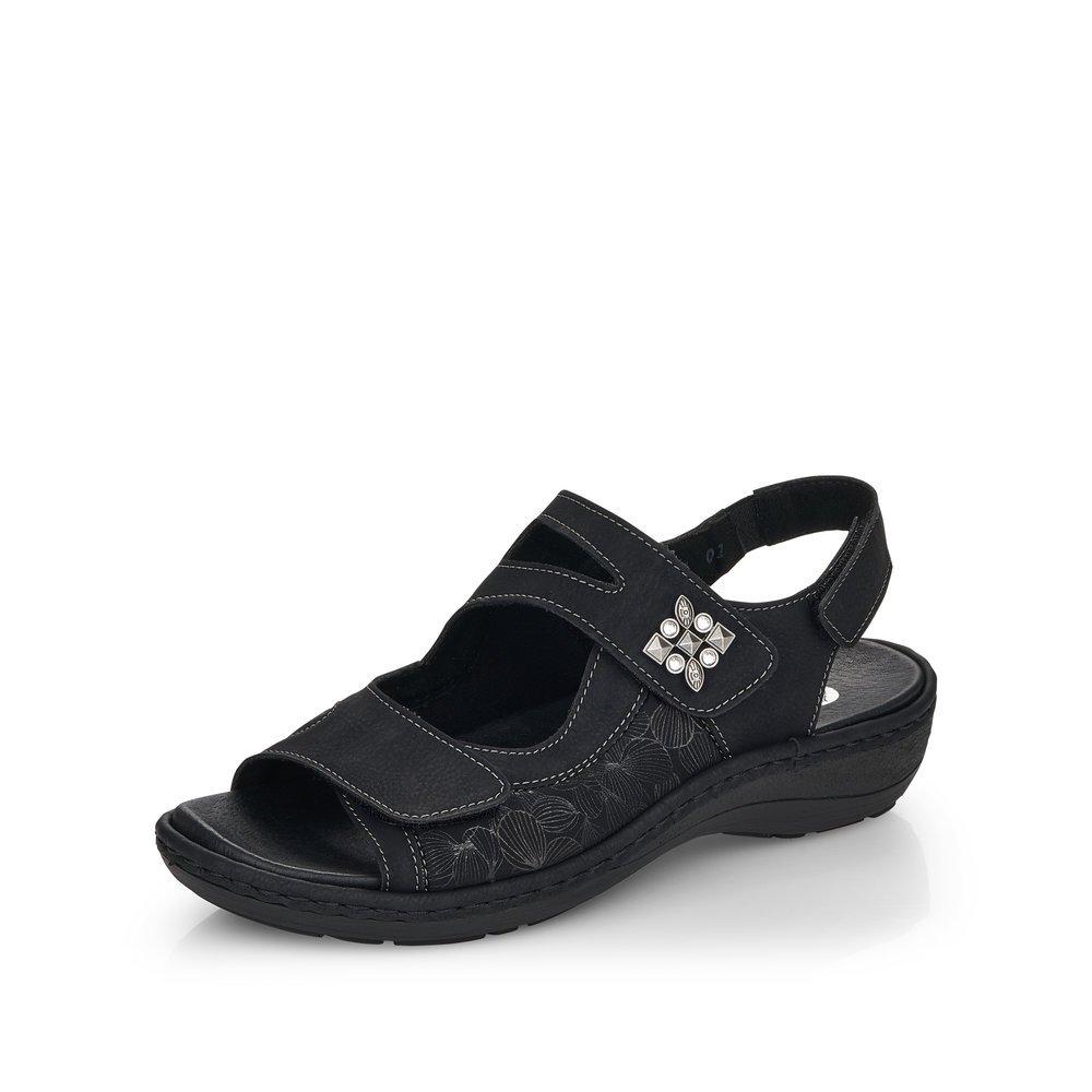 Black remonte women´s strap sandals D7647-01 with a hook and loop fastener. Shoe laterally.