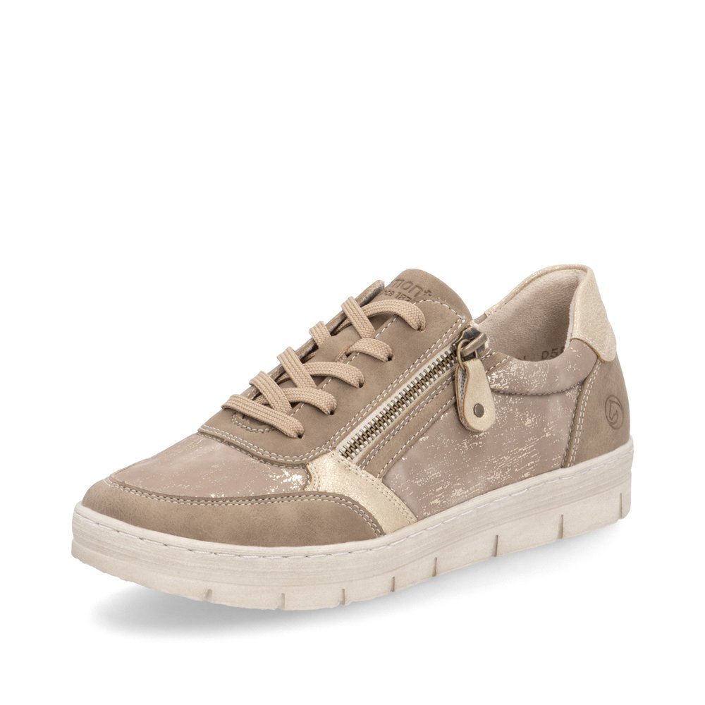 Sand beige remonte women´s sneakers D5831-62 with zipper as well as a padded insole. Shoe laterally.