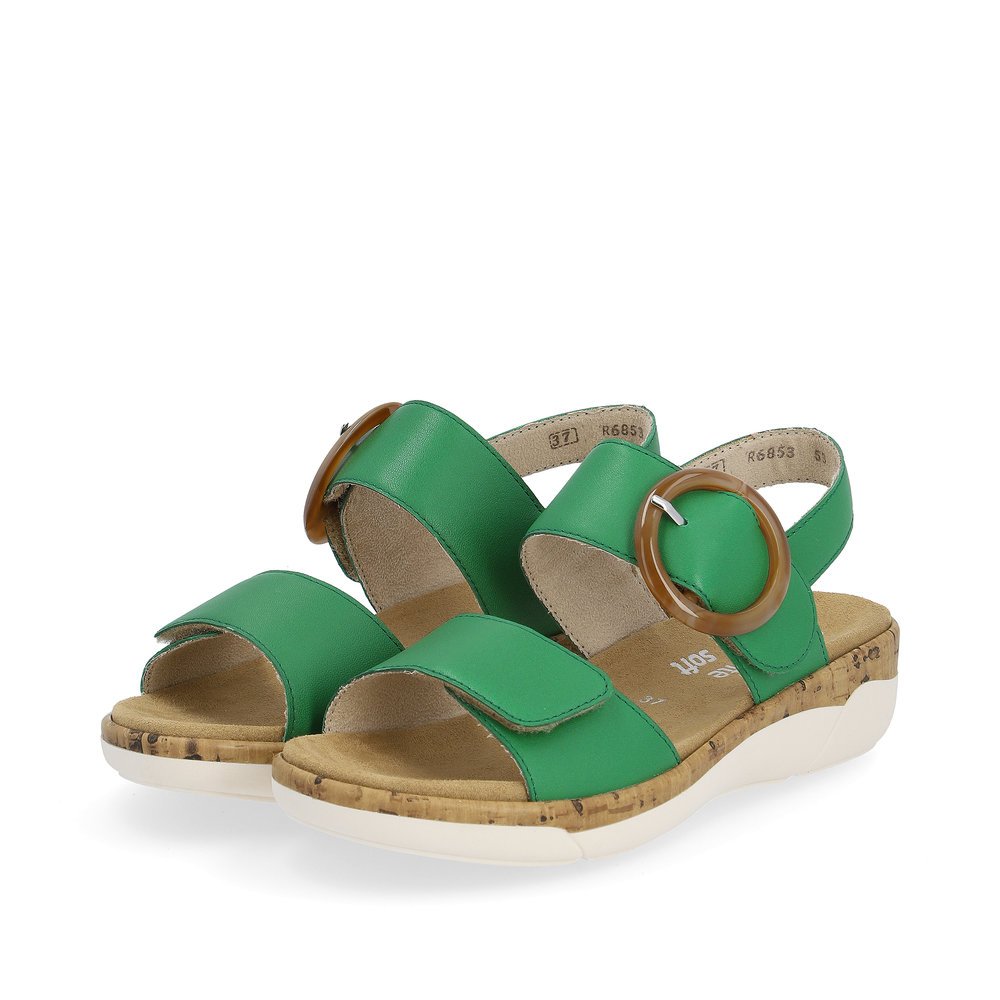 Emerald green remonte women´s strap sandals R6853-53 with a hook and loop fastener. Shoes laterally.