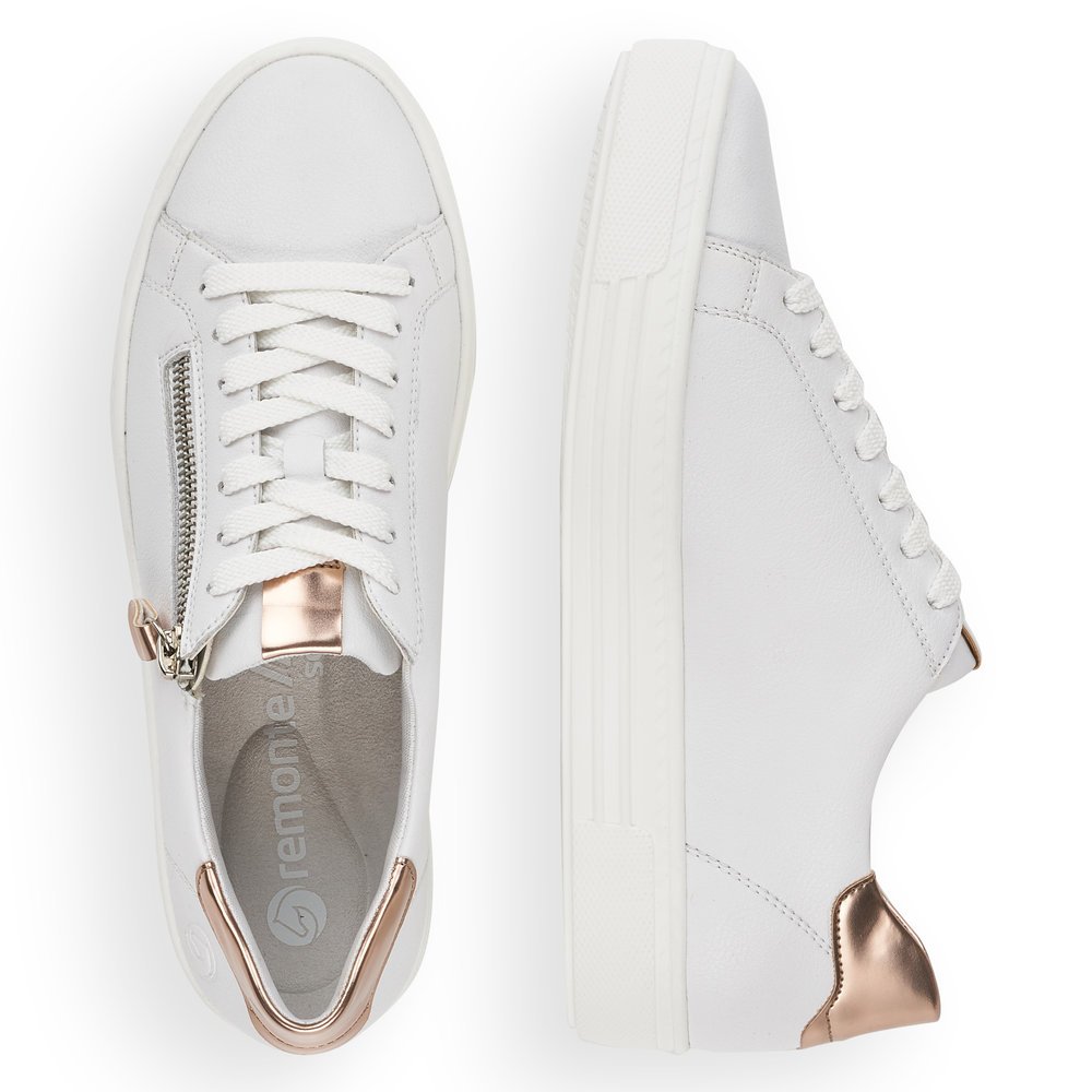 Classy white remonte women´s sneakers D0903-81 with a zipper and comfort width G. Shoe from the top, lying.