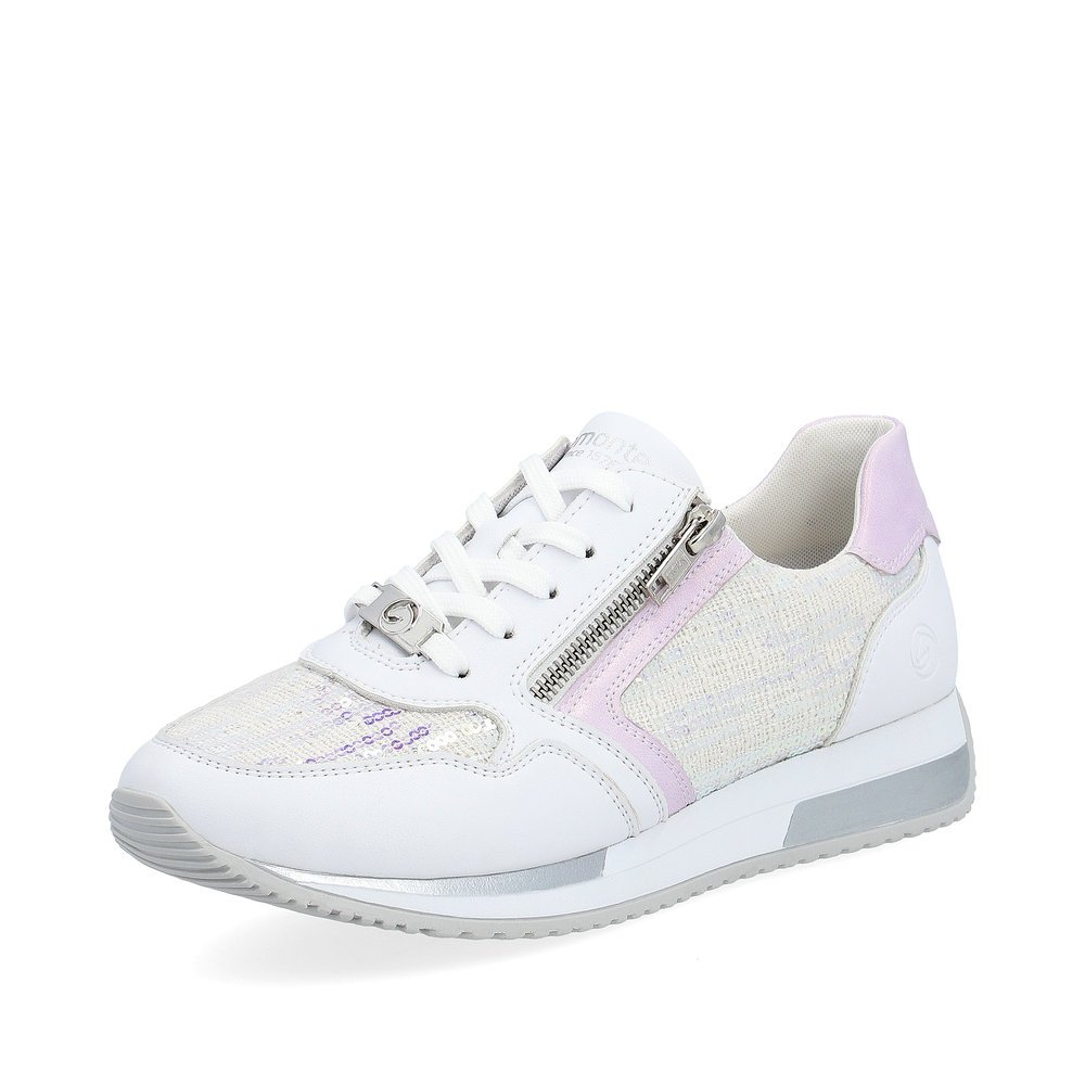 Pure white vegan remonte women´s sneakers D0H12-80 with a zipper. Shoe laterally.