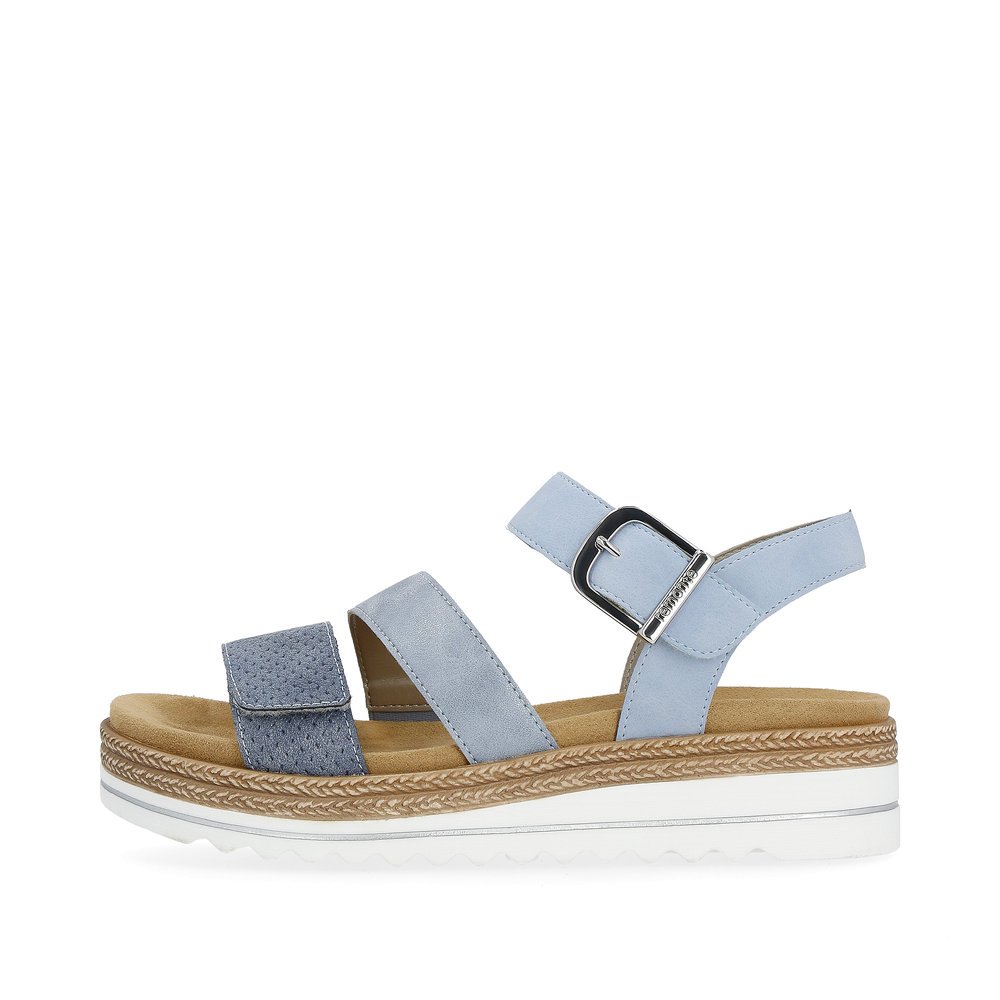 Sky blue vegan remonte women´s strap sandals D0Q55-12 with hook and loop fastener. Outside of the shoe.