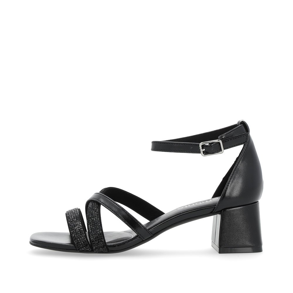 Black vegan remonte women´s strap sandals D1L51-00 with buckle and soft cover sole. Outside of the shoe.