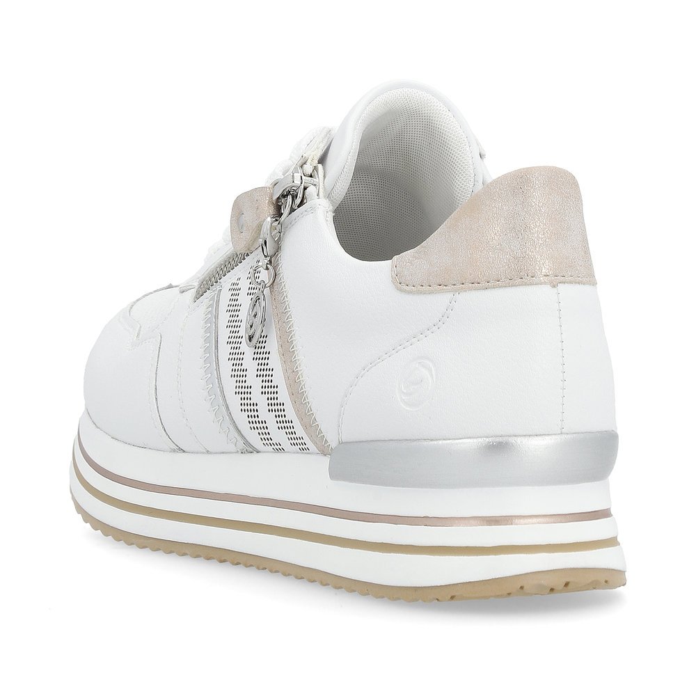 White remonte women´s sneakers D1318-80 with a zipper and decorative stitching. Shoe from the back.