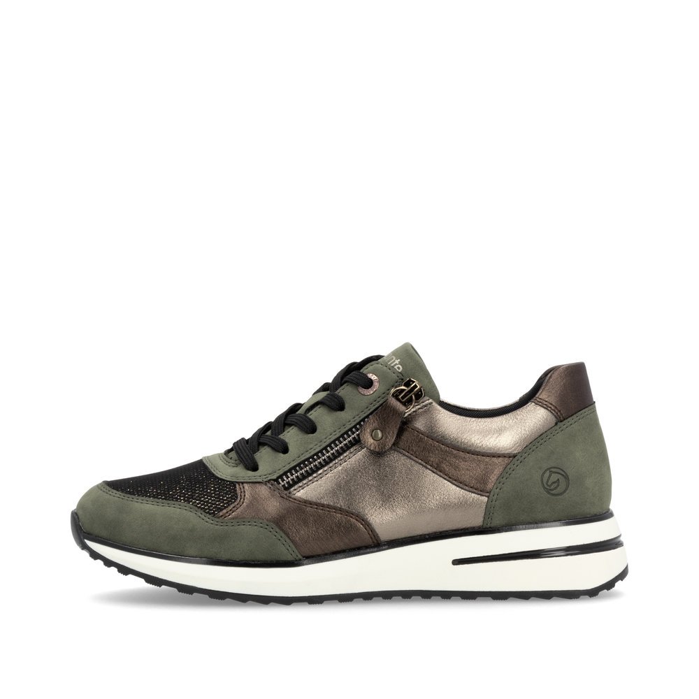 Bronze vegan remonte women´s sneakers D1G08-90 with zipper as well as padded insole. Outside of the shoe.